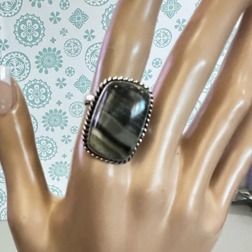 Seraphinite gemstone ring‎ rectangle handmade silver overlay adjustable